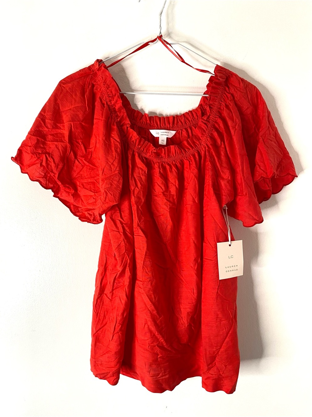 LC Lauren Conrad Red Off Shoulder Ruffle Sleeve Blouse NWT